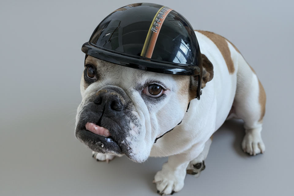 dog wearing retro helmet
